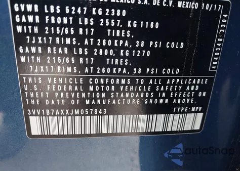 2018 Volkswagen Tiguan 2.0T S из США, поврежденный, VIN 3VV1B7AXXJM057843